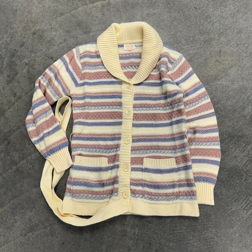 70's Virgin Wool Cardigan Sweater Women's Bright Colorful Belted Medium
